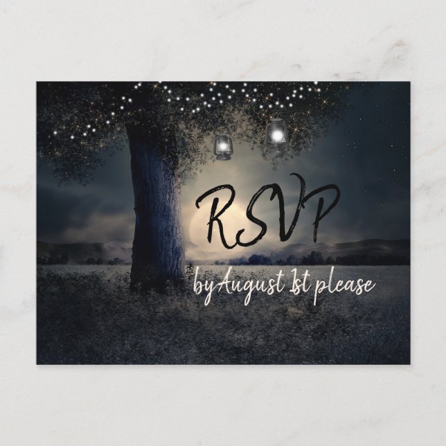 Romantic Moonlight and Lanterns in Trees RSVP Postcard (Front)