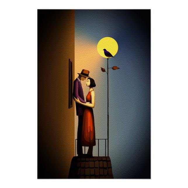 Romantic Moonlight Balcony – Vintage Noir Love Poster (Front)