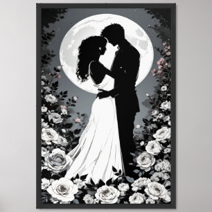 Romantic Moonlight Embrace Silhouette Art Framed Art