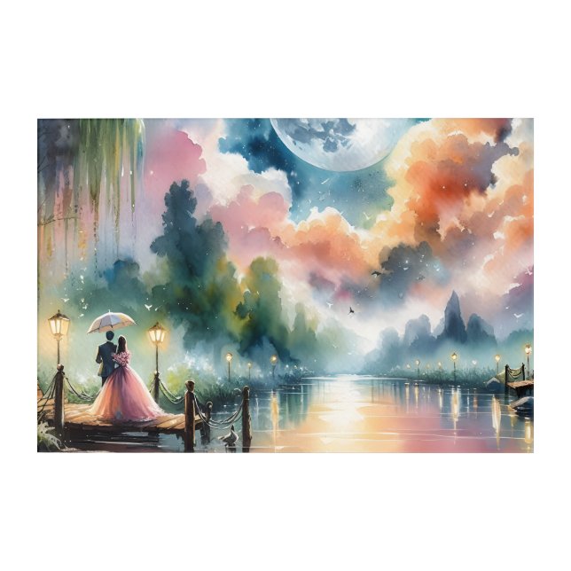 Romantic Moonlight Watercolor Night Scene Acrylic Print (Front)