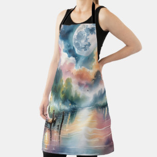 Romantic Moonlight Watercolor Night Scene Apron