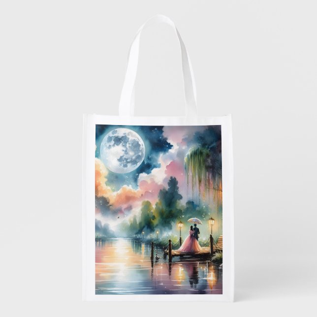 Romantic Moonlight Watercolor Night Scene Grocery Bag (Front)