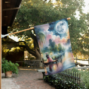 Romantic Moonlight Watercolor Night Scene House Flag
