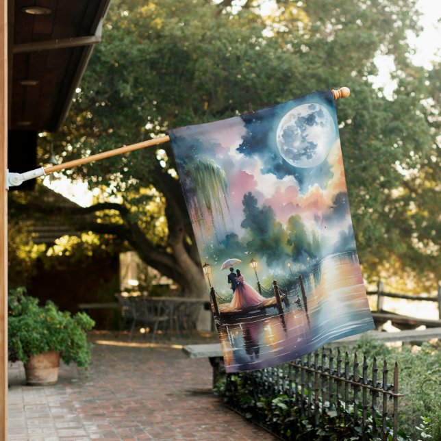 Romantic Moonlight Watercolor Night Scene House Flag (In SItu)