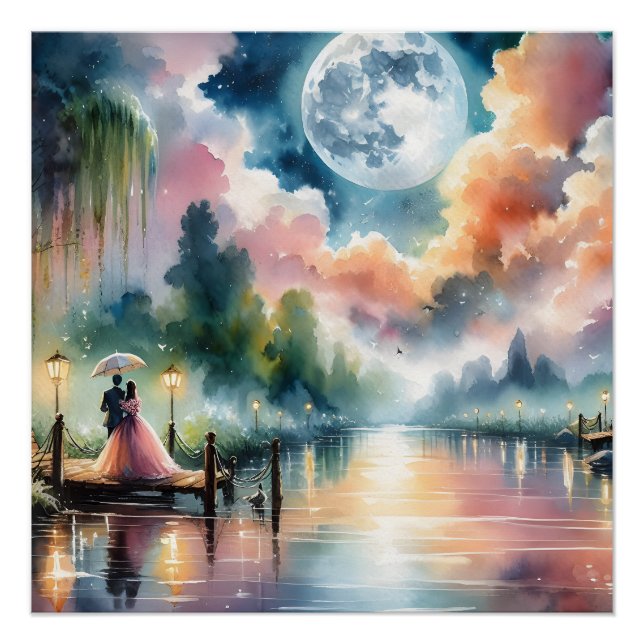 Romantic Moonlight Watercolor Night Scene Poster (Front)