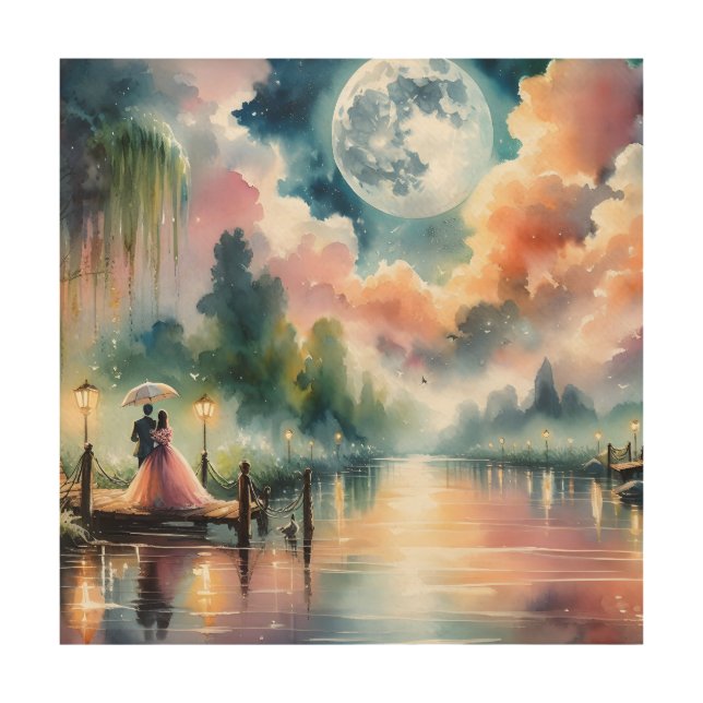Romantic Moonlight Watercolor Night Scene Wood Wall Art (Front)