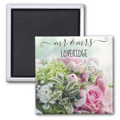 Romantic Mr  Mrs Pink Rose Floral Wedding Magnet