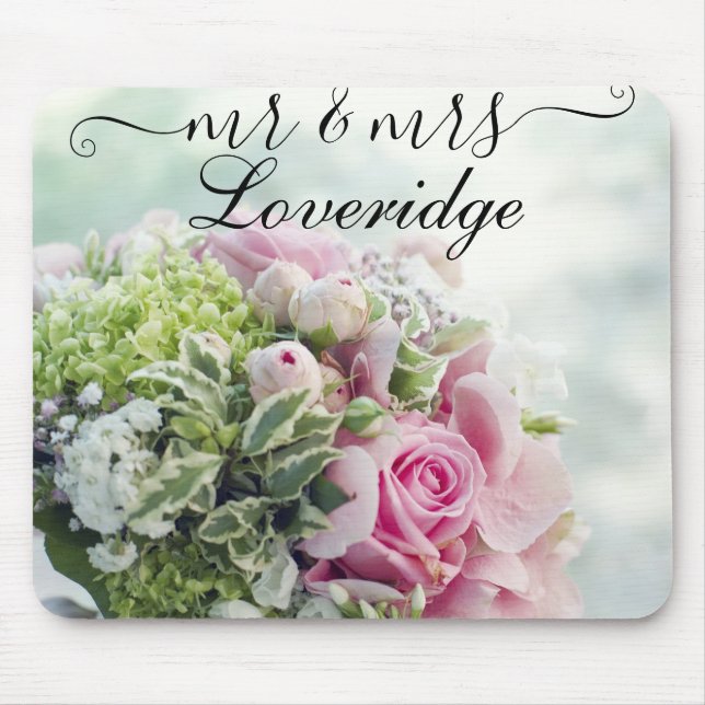 Romantic Mr. & Mrs. Pink Rose Floral Wedding Mouse Pad (Front)