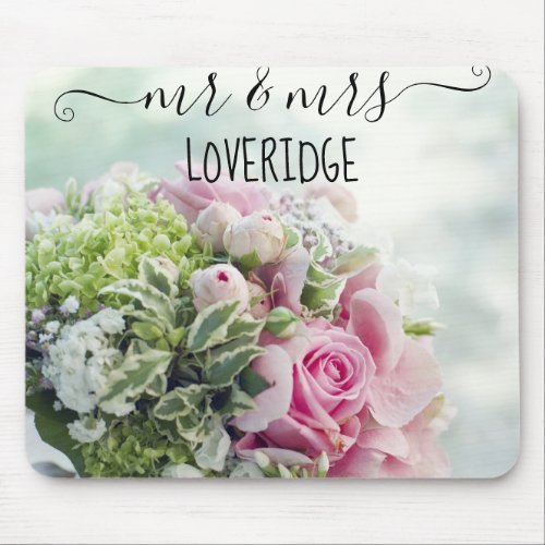 Romantic Mr  Mrs Pink Rose Floral Wedding Mouse Pad