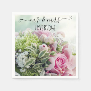 Romantic Mr. & Mrs. Pink Rose Floral Wedding Napkins