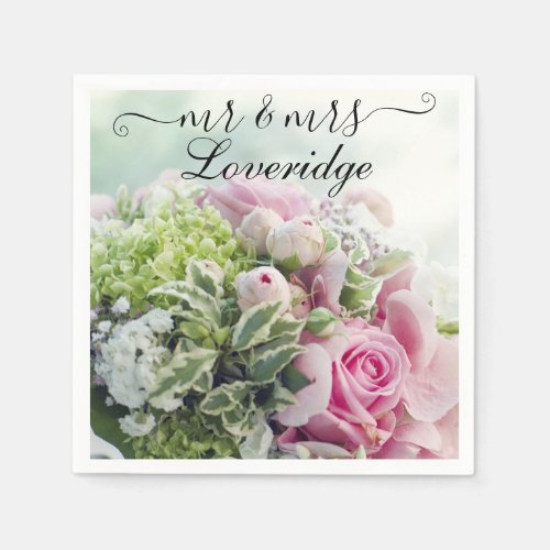 Romantic Mr  Mrs Pink Rose Floral Wedding Napkins