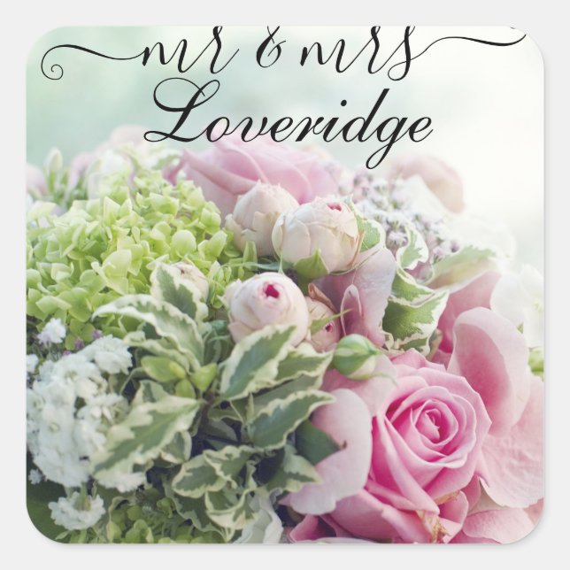 Romantic Mr. & Mrs. Pink Rose Floral Wedding Square Sticker (Front)