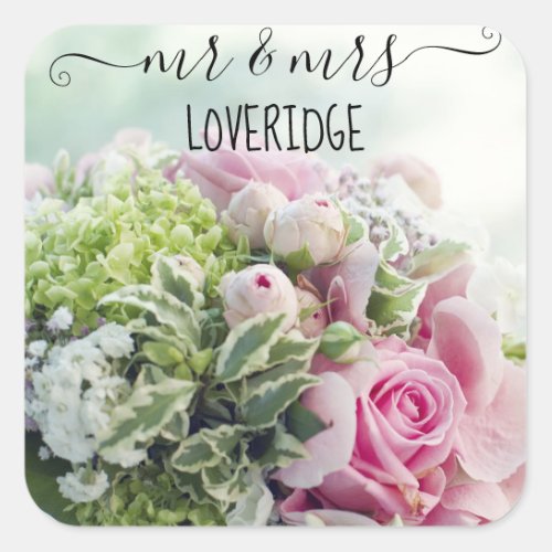 Romantic Mr  Mrs Pink Rose Floral Wedding Square Sticker