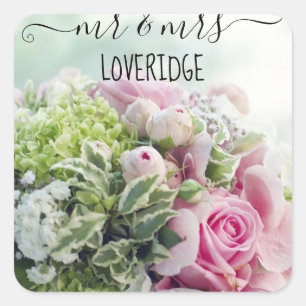 Romantic Mr. & Mrs. Pink Rose Floral Wedding Square Sticker