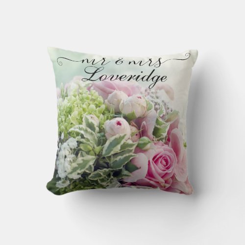 Romantic Mr  Mrs Pink Rose Floral Wedding Throw Pillow