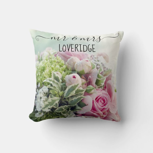 Romantic Mr. & Mrs. Pink Rose Floral Wedding Throw Pillow (Front)