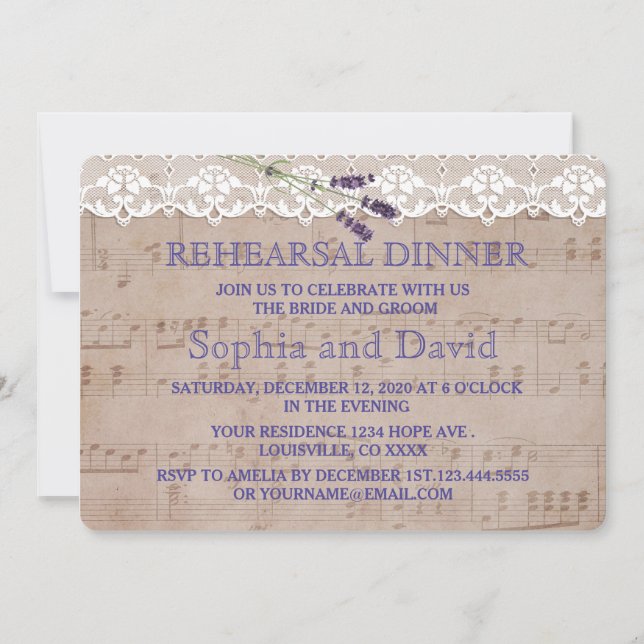 Romantic Music Lavender Rehearsal Dinner Invite (Front)
