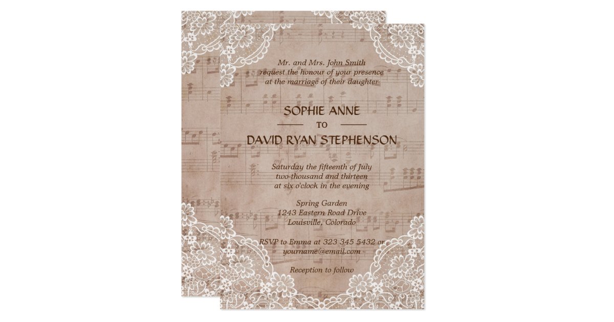 Romantic Music Sheet And Lace Wedding Invitation Zazzle Com