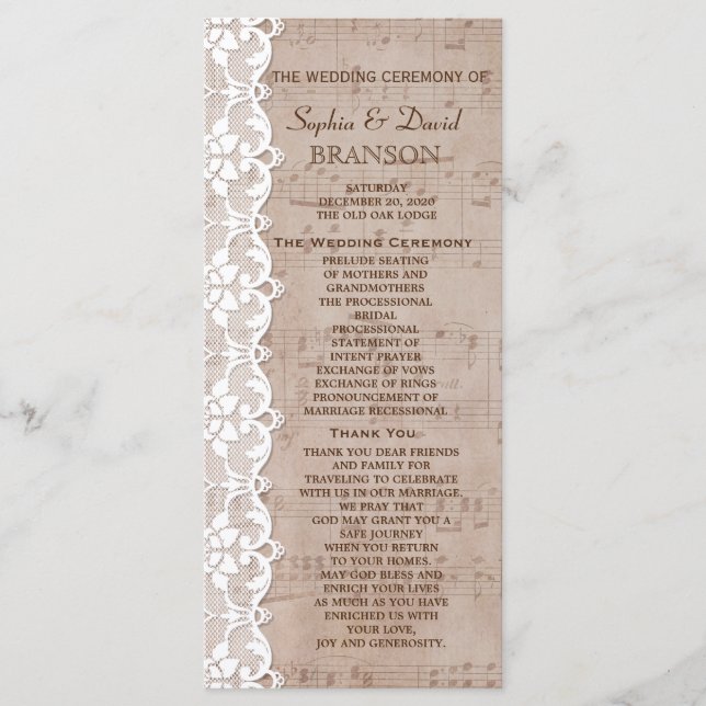 Romantic Music Sheet & Lace Wedding Program (Front)