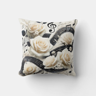 Romantic Musical Rose – Elegant Cream Black Music  Throw Pillow