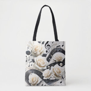 Romantic Musical Rose – Elegant Cream Black Music  Tote Bag