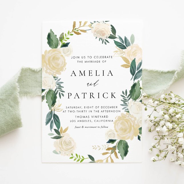 Romantic Muted Cream Floral Wreath QR Code Wedding Invitation (Romantic QR code wedding invitation with ivory floral wreath, greenery, and faux gold foil accents.)