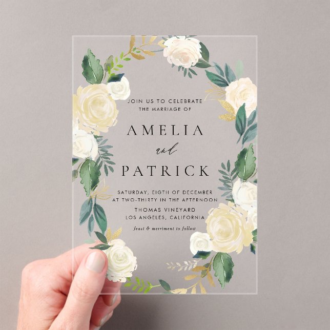Romantic Muted Floral Wreath with Greenery Wedding Acrylic Invitations (Insitu (Handheld))