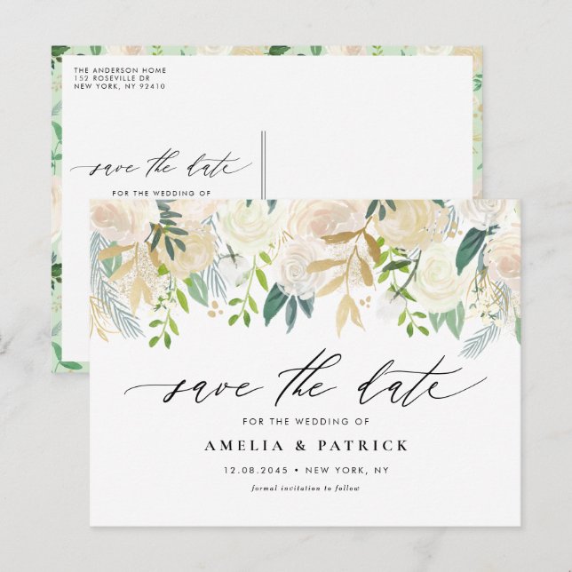 Romantic Muted Ivory Flowers Wedding Save the Date Announcement Postcard (Front/Back)
