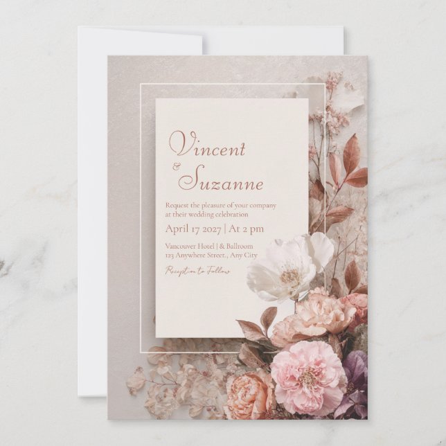 Romantic Muted Rose Terracotta Thin Frame Wedding Invitation (Front)