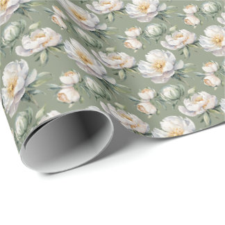 Romantic Muted Sage Green and White Peony Floral Wrapping Paper