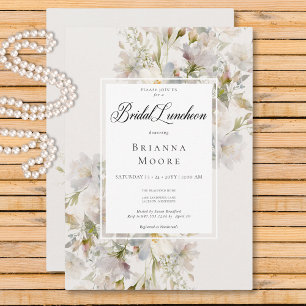 Romantic Muted White & Pink Floral Bridal Luncheon Invitation