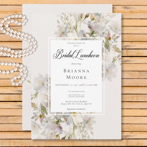 Romantic Muted White  Pink Floral Bridal Luncheon Invitation