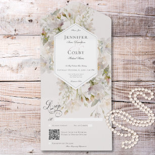 Romantic Muted White & Pink Floral QR Code All In One Invitation