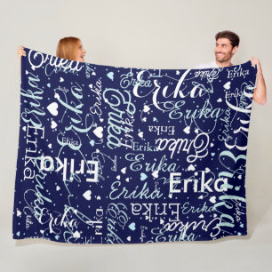 Romantic Names and Cute Hearts repeated on blue Fleece Blanket