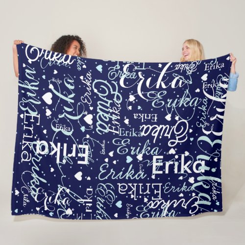 Romantic Names and Cute Hearts repeated on blue Fleece Blanket
