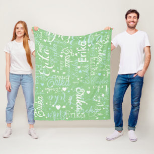 Romantic Names and Cute Hearts repeated on sage Fleece Blanket