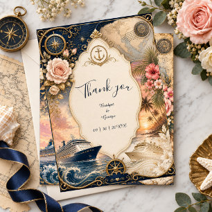 Romantic Nautical Cruise Wedding Floral Voyage Thank You Card