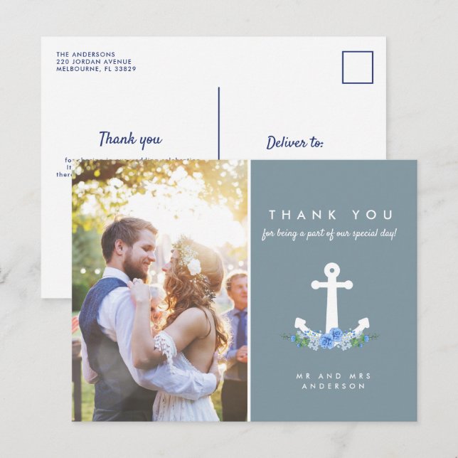Romantic Nautical Wedding Thank You Photo Postcard (Front/Back)