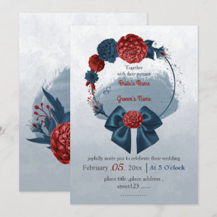romantic navy and burgundy floral wreath wedding invitation