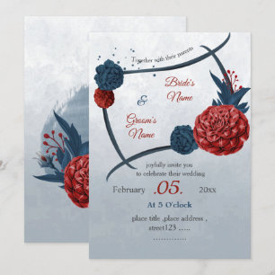 romantic navy and burgundy flowers wedding invitation
