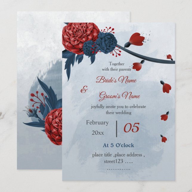 romantic navy and burgundy flowers wedding invitation (Front/Back)