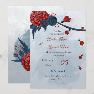 romantic navy and burgundy flowers wedding invitation