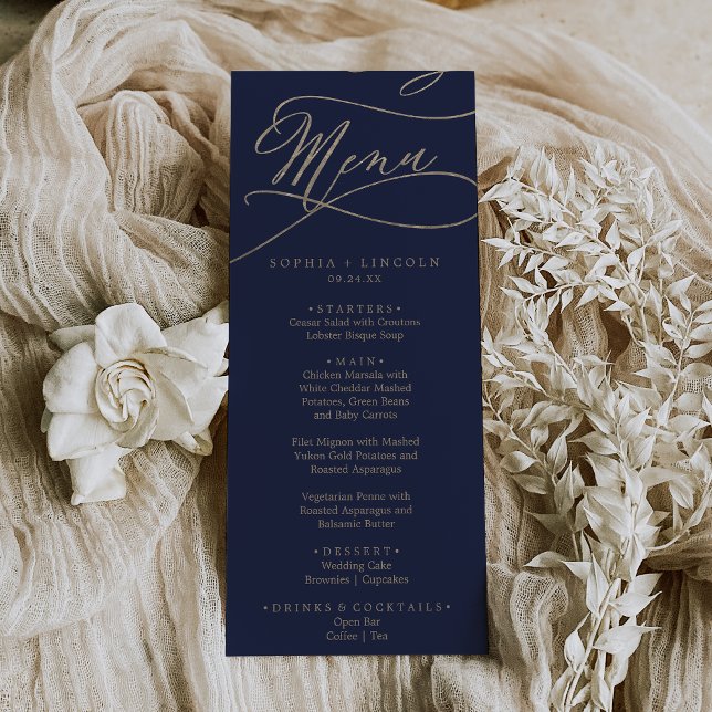 Romantic Navy and Gold Printed or Printable Menu Invitation (Creator Uploaded)