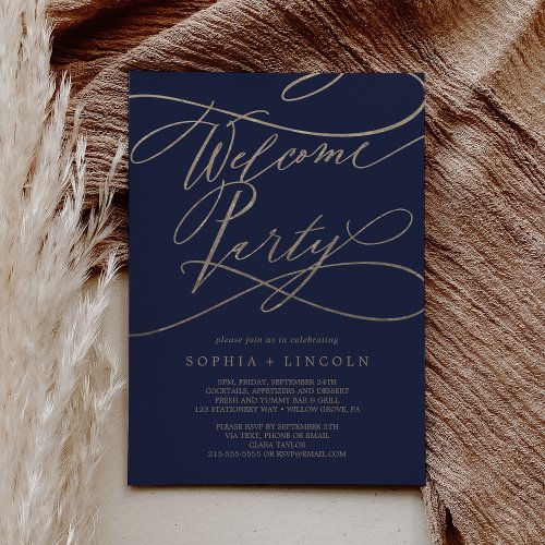 Romantic Navy and Gold Wedding Welcome Party Invitation