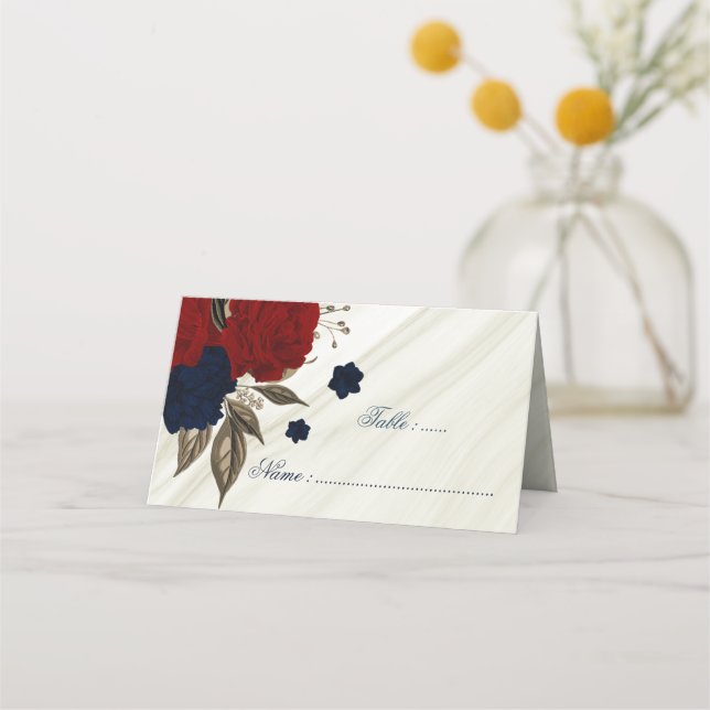 Romantic navy and red flowers marble place card (Front)
