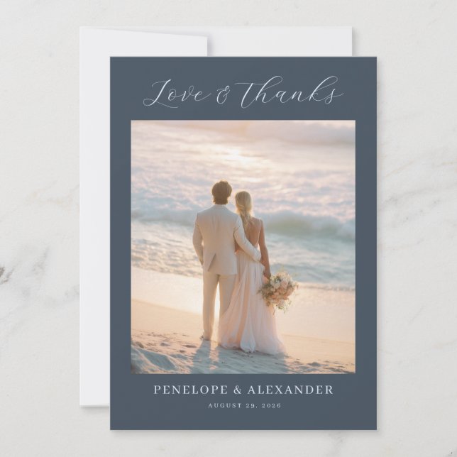 Romantic Navy Beach Photo Thank You Card (Front)