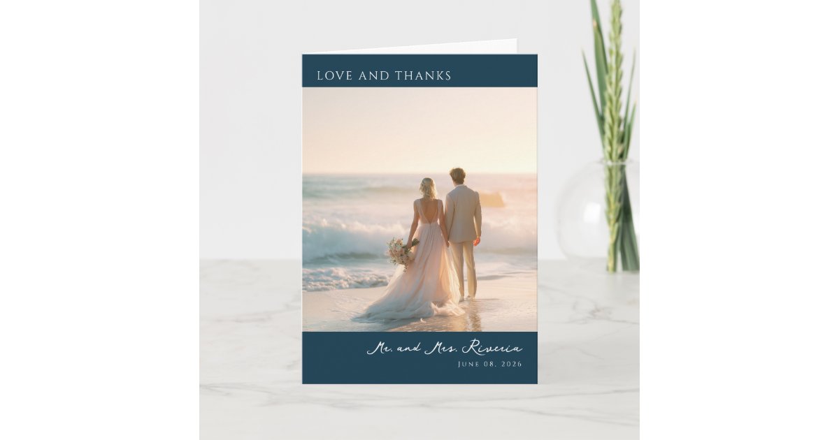 Romantic Navy Beach Photo Thank You Card | Zazzle