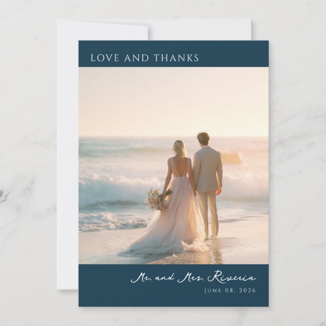 Romantic Navy Beach Photo Thank You Card (Front)
