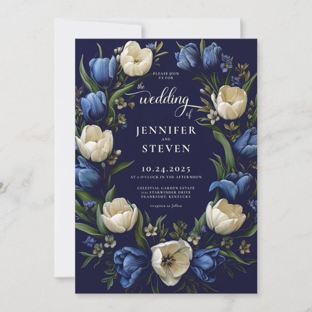 Romantic Navy Blue and White Tulip Wedding Invitation (Front)