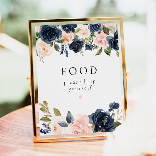 Romantic Navy Blue  Blush Floral Food Table Sign